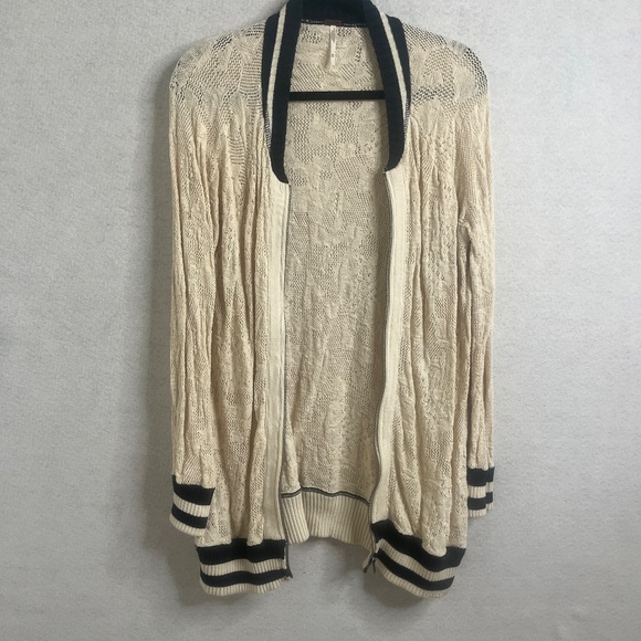 Free People Lace Knit Zip Cardigan Sweater M | Boho Varsity Style - Picture 3 of 6